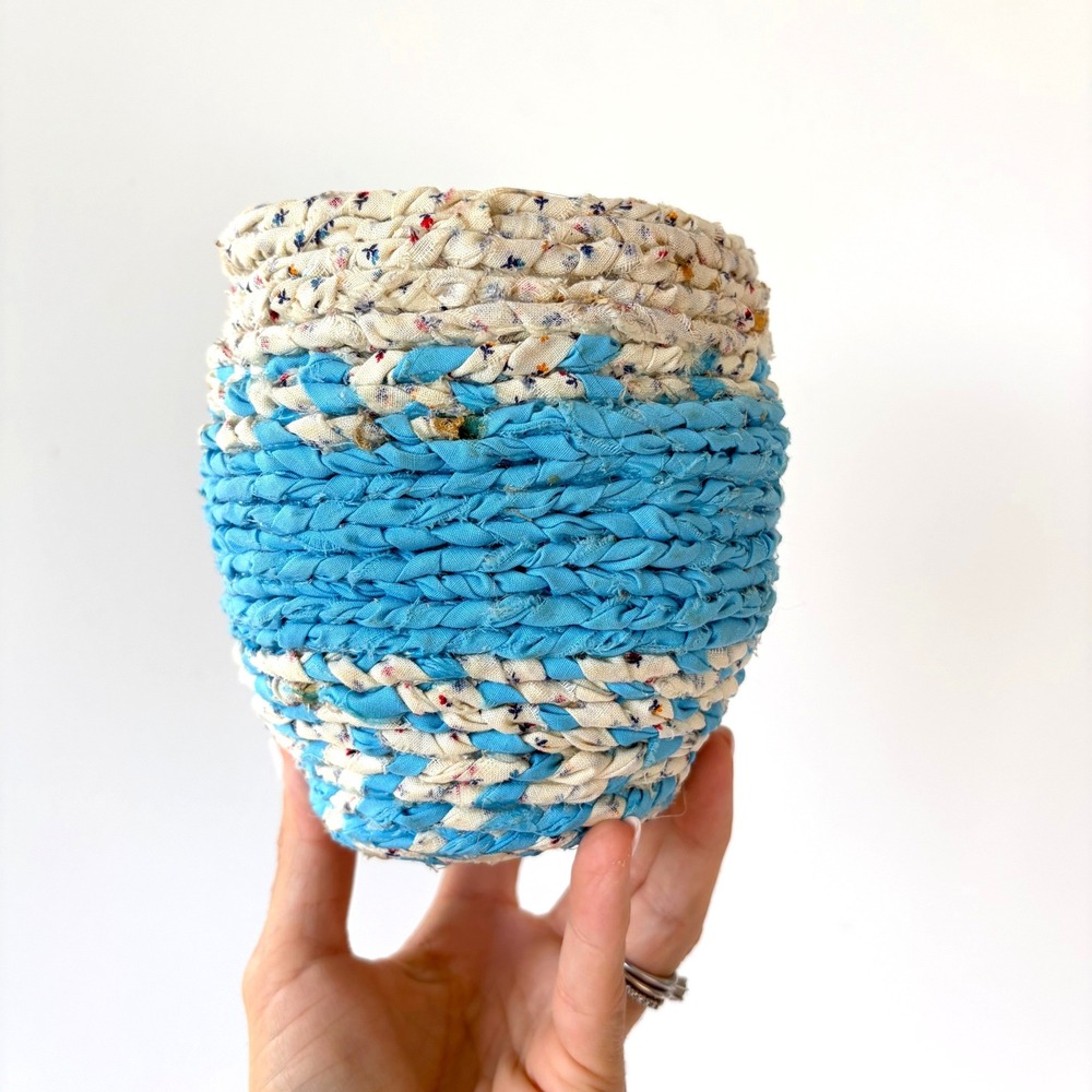 Vintage Hand Braided Fabric Rag Basket Blue Floral Coiled Cotton Storage Bowl